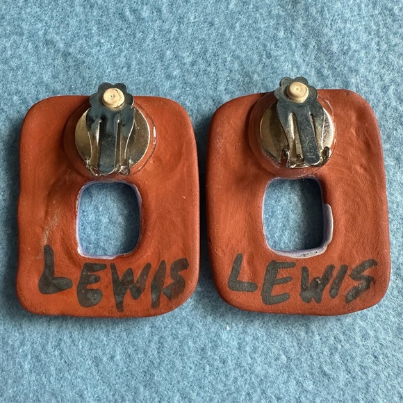 Unique One of a Kind Designer Clip on Earrings Terracotta Enamel signed: LEWIS - Picture 4 of 7